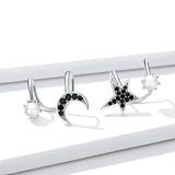 925 Sterling Silver Black Stone Moon & Star Ear Clips for Women and Men Punk Fashion Jewelry Bijoux Pendientes