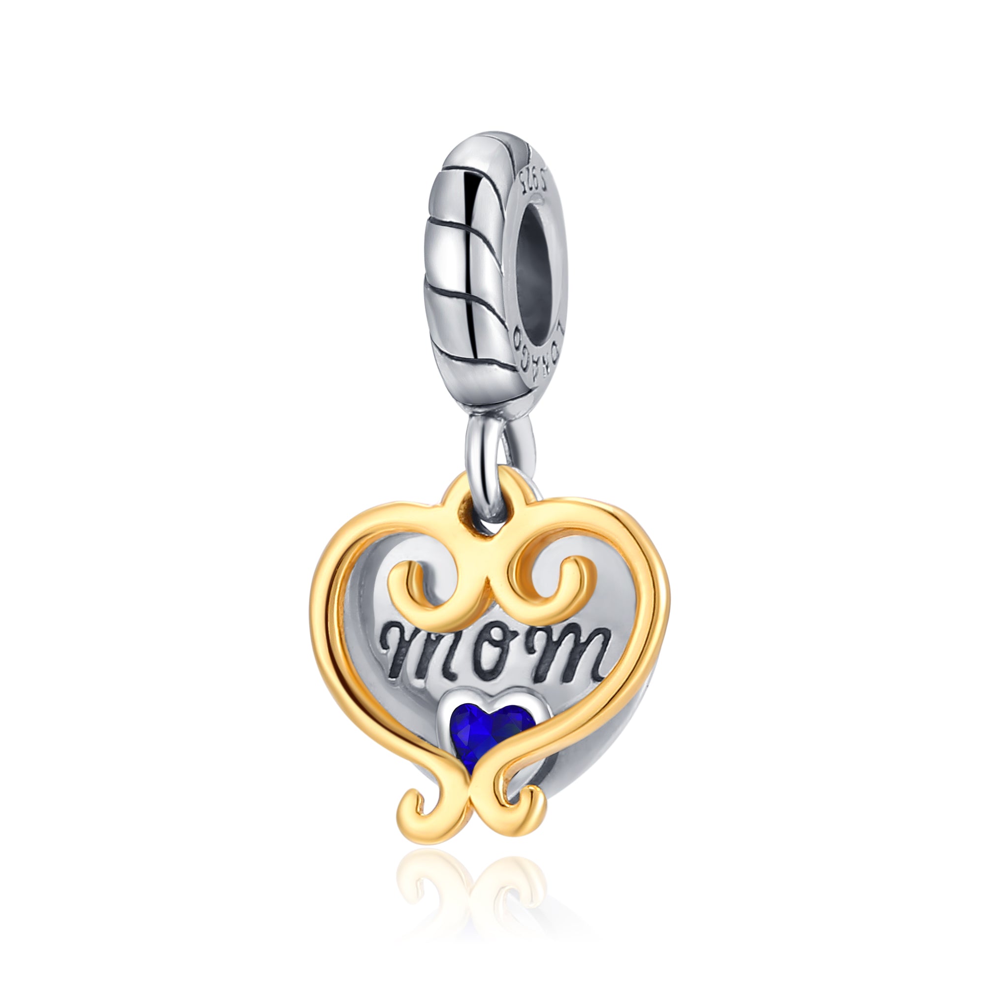 Gold Plating Heart Hollow Engraved Silver Jewelry Blue Cubic Zirconia Beads