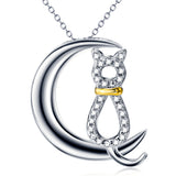 High Quality Cubic Zirconia Cat & Moon Pendant 925 Silver Sterling Necklace