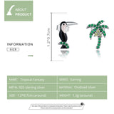 925 Sterling Silver Summer Toucans and Coconut Tree Stud Earrings Precious Jewelry For Women
