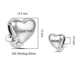 I Love You Mom Heart Charms  925 Sterling Silver  Fits Bracelet  Jewelry Gifts for Mother