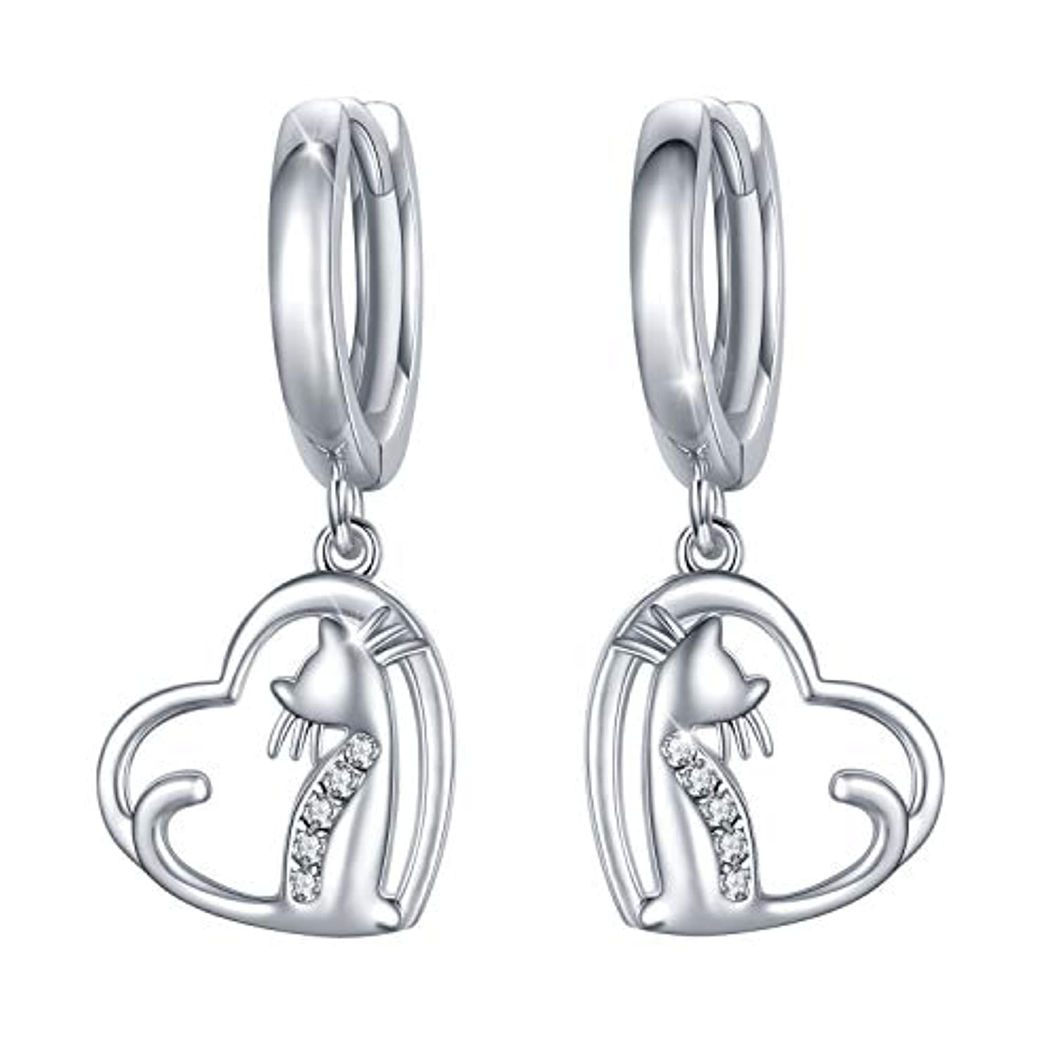 925 Sterling Silver Cat Huggies Hoops Earrings Heart Shaped Earrings with CZ  for Women Cat Lovers
