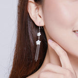 White Pure Shell Floral Long Tassel Drop Earrings for Women Genuine 925 Sterling Silver Fashion Holiday Jewelry