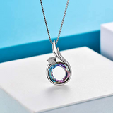 Sterling Silver Fox Necklace Fox Tail Pendant with Circle Blue Purple Crystal from Swarovski, Hypoallergenic Animal Necklace for Animal Lovers, Fox Jewelry Gifts for Women