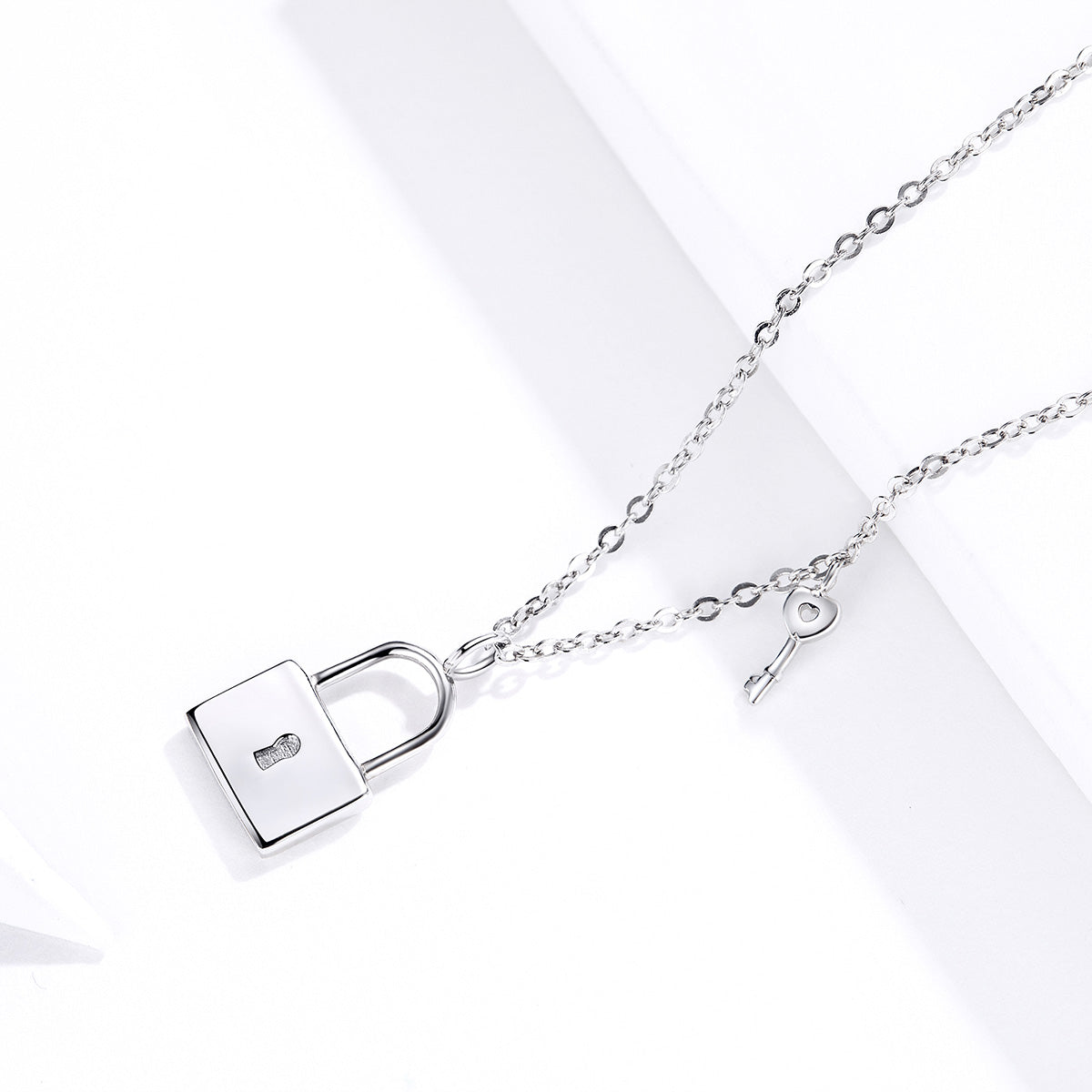 S925 Sterling Silver Love Lock Pendant Necklace White Gold Plated Neck