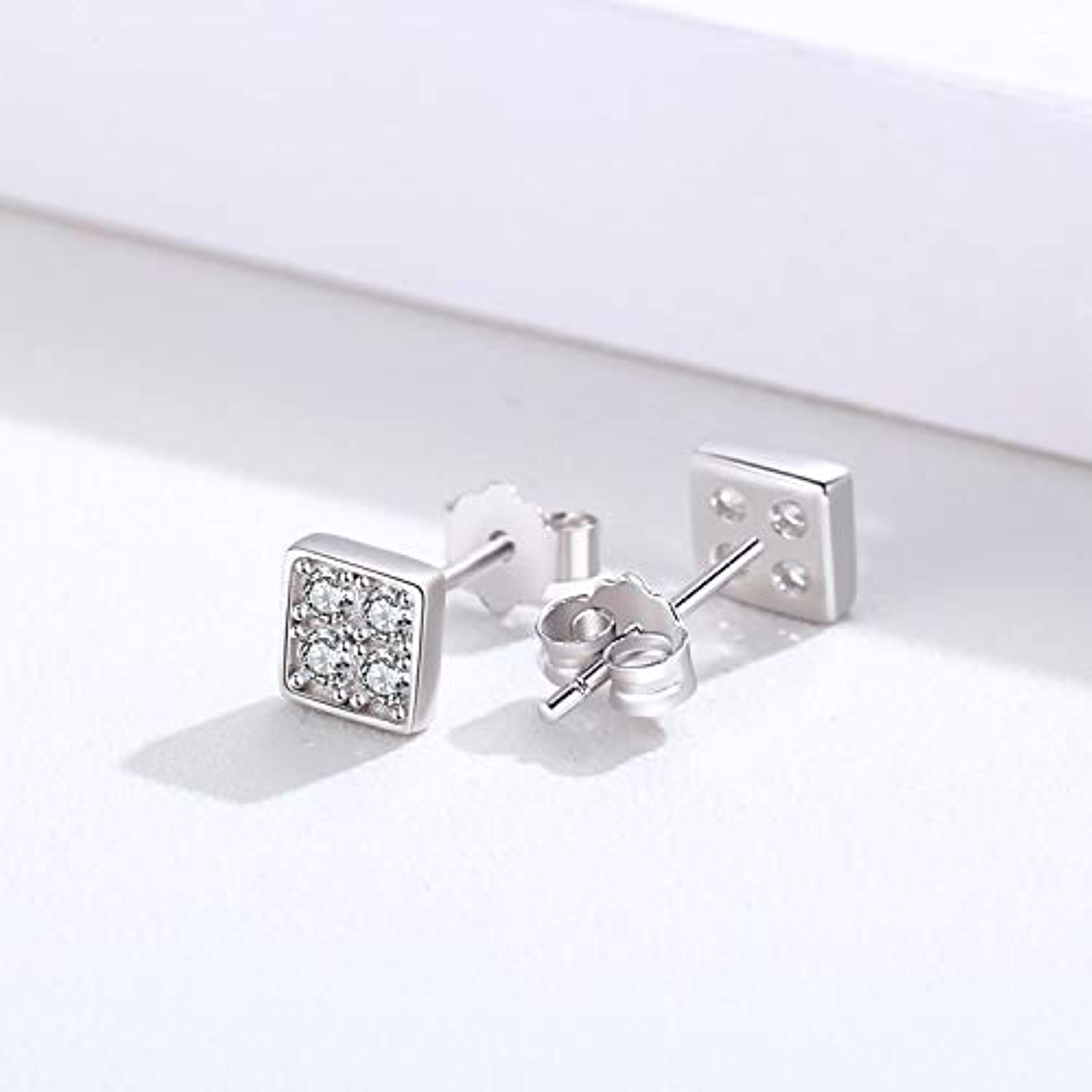 S925 Sterling Silver Square Cubic Zircon Stud Earrings for Women Men
