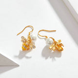 925 Sterling Silver Elegant Freshwater Pearl Gold Color Bee Drop Earrings for Women Authentic Silver Jewelry