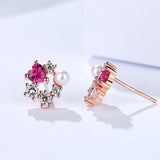 S925 Silver Flower Cluster Earrings Women's Elegant and Exquisite Red Diamond Love Beaded Earrings