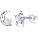 Moon and Star Earrings 925 Sterling Silver Opal Stud Earrings Hypoallergenic Earrings Synthetic Opal Star Moon Stud Earrings Tiny Small Earrings Gifts for Women
