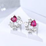 S925 Silver Flower Cluster Earrings Women's Elegant and Exquisite Red Diamond Love Beaded Earrings