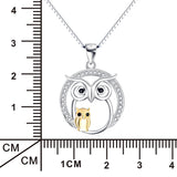 Double Owls And CZ Circle 925 Sterling Silver Pendant Necklace