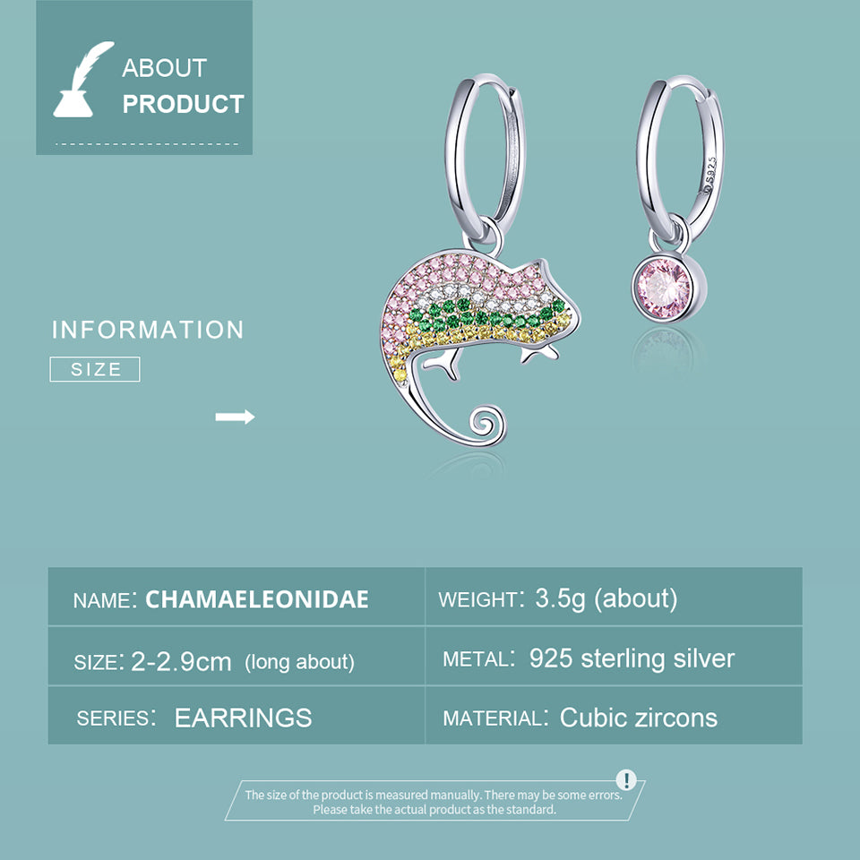 925 Sterling Silve Beautiful Animal Chamaeleon Asymmetry Dangle Earrings Precious Jewelry For Women