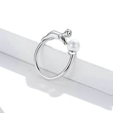925 Sterling Silver  Rings Mischievous Cat with Ball Open Finger Rings for Women Pearl Fashion Jewelry