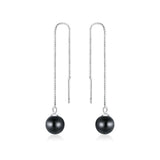 925 Sterling Silver Long Chain Round Black Stone Beads Dangle Earrings Precious Jewelry For Women