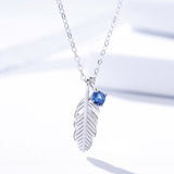 S925 Sterling Silver Feather Female Literary Personality Blue Diamond White Gold Plated Necklace