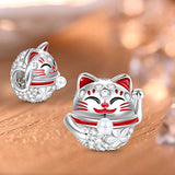 Lucky Cat Charms 925 Sterling Silver “Wish You Luck” Cute Cat Bead Charm with Cubic Zirconia Fit All Bracelet Necklace Gifts for Daughter & Friends Pet Lovers