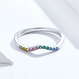 Real 925 Sterling Silver Rainbow Wave Finger Rings for Women Colorful CZ Paved Engagement Wedding Jewelry