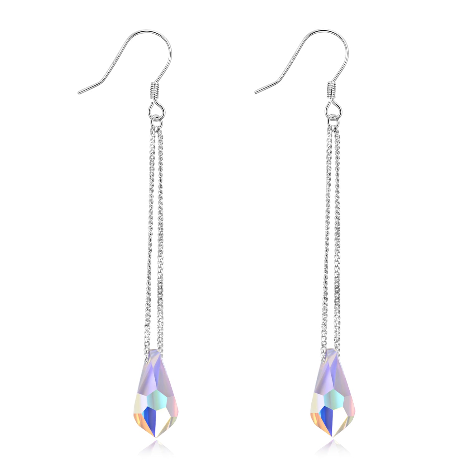 Water Drop Earrings Tear Shape Crystal Long Pendant Silver Chain Earrings