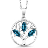 925 Sterling Silver Gemstone Birthstone Marquise Tree of Life Pendant Necklace For Women With 18 Inch Silver Chain