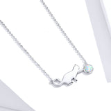 Authentic 925 Sterling Silver Naughty Pussy Cat with Ball Opal Link Chain Necklace for Women Party Girl Gifts