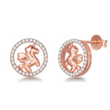 Sterling Silver Rose Gold Plated Unicorn Earrings Cubic Zirconia Eternity Round Circle Flying Horse Cute Fine Jewelry for Women Girls