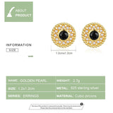 925 sterling silver Gold Color earings Black CZ Stud Earring Pearl Elegant Vintage Fine Jewelry