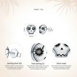 Genuine 925 Sterling Silver Skull Skeleton Stud Earrings for Women Black Clear CZ Sterling Silver Jewelry