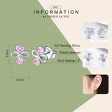 Real 925 Sterling Silver Infinite Love Pink Heart Clover Small Stud Earrings for Women Authentic Silver Jewelry