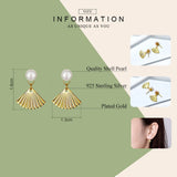 925 Sterling Silver Gold Color Shell Pearl Earrings for Women Design Fan Korea Style Elegant Ear Accessories
