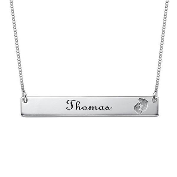 925 Sterling Silver Personalized Footprint Bar Engraved  Necklace Adjustable 16”-20”
