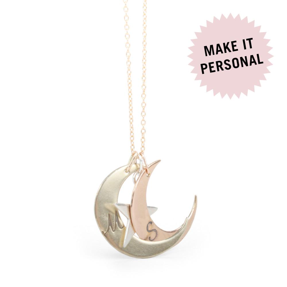 925 Sterling Silver Personalized Engravable Moon & Star Initial Necklace-Adjustable 16”-20”