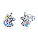 Silver CZ Colorful Unicorn Stud Earrings