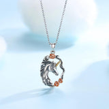 925 Sterling SIlver horse Unicorn Pendant Necklace for Women Teen Girl Gift Silver Horse with Rose vintage Jewelry