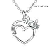 925 Sterling Silver Cute Cat Lover Gift Cat Pendant Necklace Heart Cat Cubic Zirconia Necklaces for Women Teen Girls