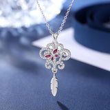 925 Sterling Silver Flower Pendant Purple CZ Butterfly &Feather Tassel Necklace Fleur-de-lis Collor Fine Jewelry