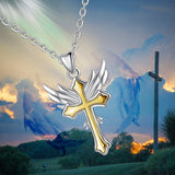 925 Sterling Silver Gold Color Angel Wing & Cross Pendant Necklace Silver Link Chain Fashion Women Fine Jewelry