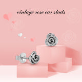 925 Sterling Silver Vintage Rose Ear Studs Plant Flower Earring For Women Girl Silver Jewelry Gift