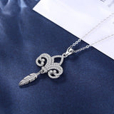 925 Sterling Silver White CZ lily Flower &Feather Tassel Pendant Necklace Fleur-de-lis Collor Good Luck Fine Jewelry