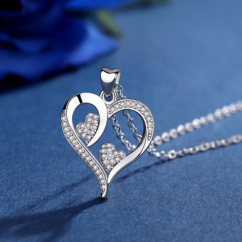 925 Sterling Silver Heart Pendant Necklaces Clear Zircon Fashion Jewel