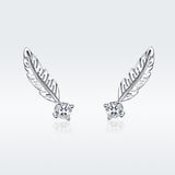925 Sterling Silver  Zircon  Feather Stud Earrings For Girls