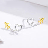 925 Sterling Silver Gold Plated Plane Heart Fly to Love Stud Earrings Gift for Women
