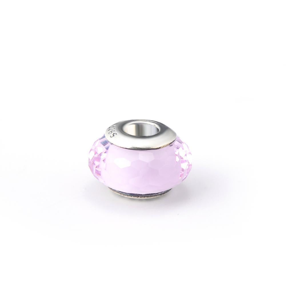 Diamond Faced Pink Glass Sterling Silver Charm for Bracelet and Necklace