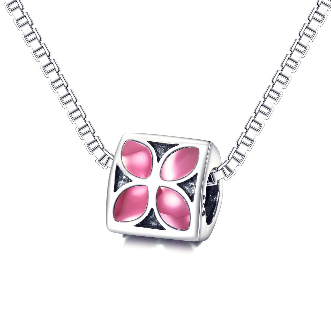 925 Sterling Silver Pink Flower Charm For Bracelet and Necklace