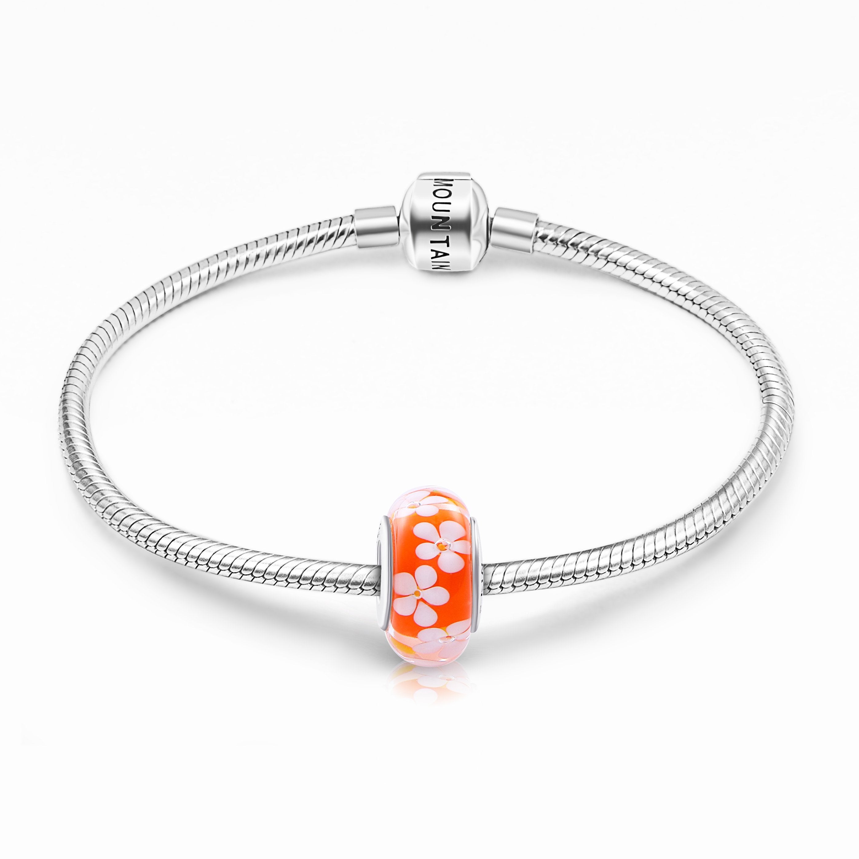 925 Sterling Silver Flower Orange Glass Charm for Bracelet and Necklace