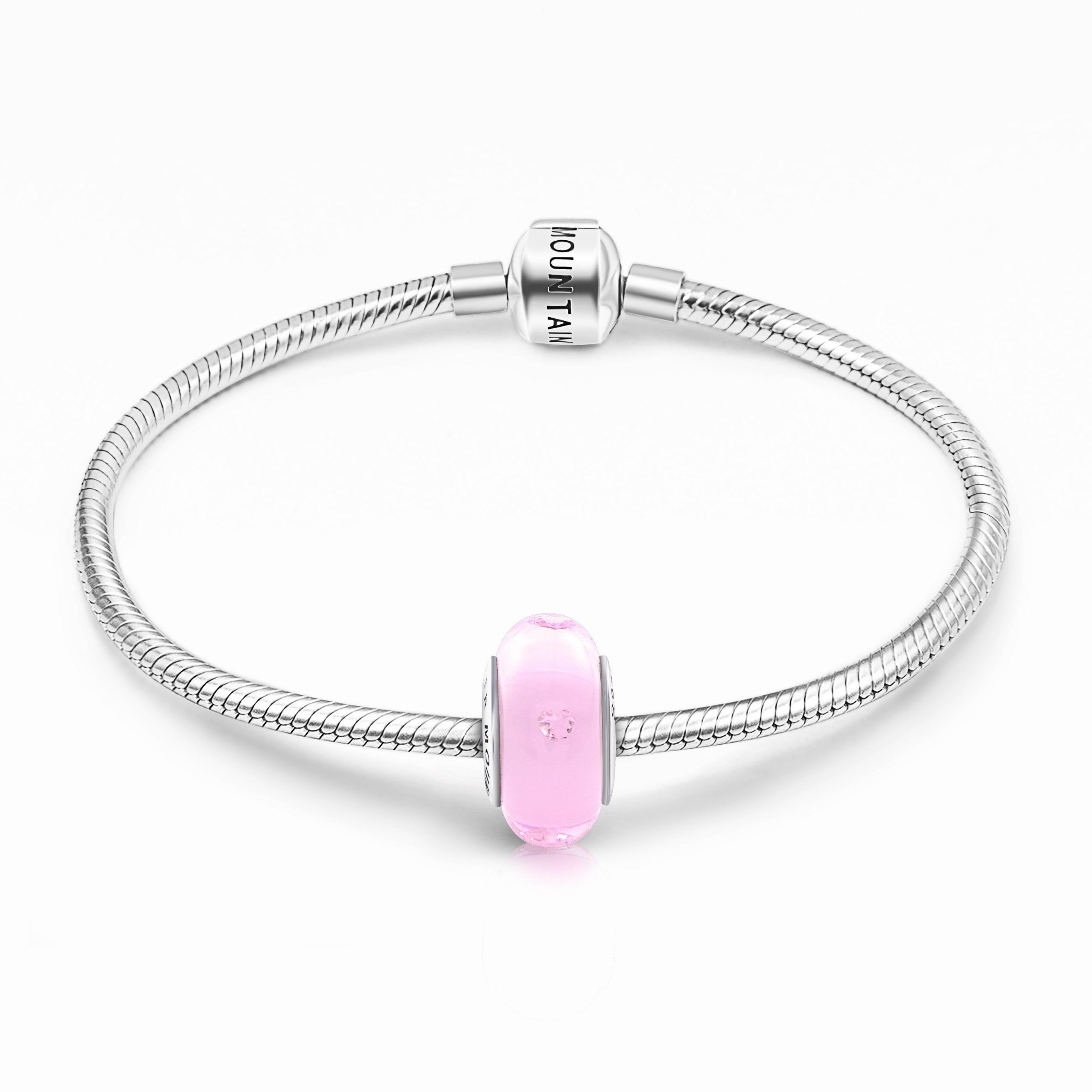 Build-in Diamond 925 Sterling Silver Hearts Pink Glass Charm for Bracelet and Necklace