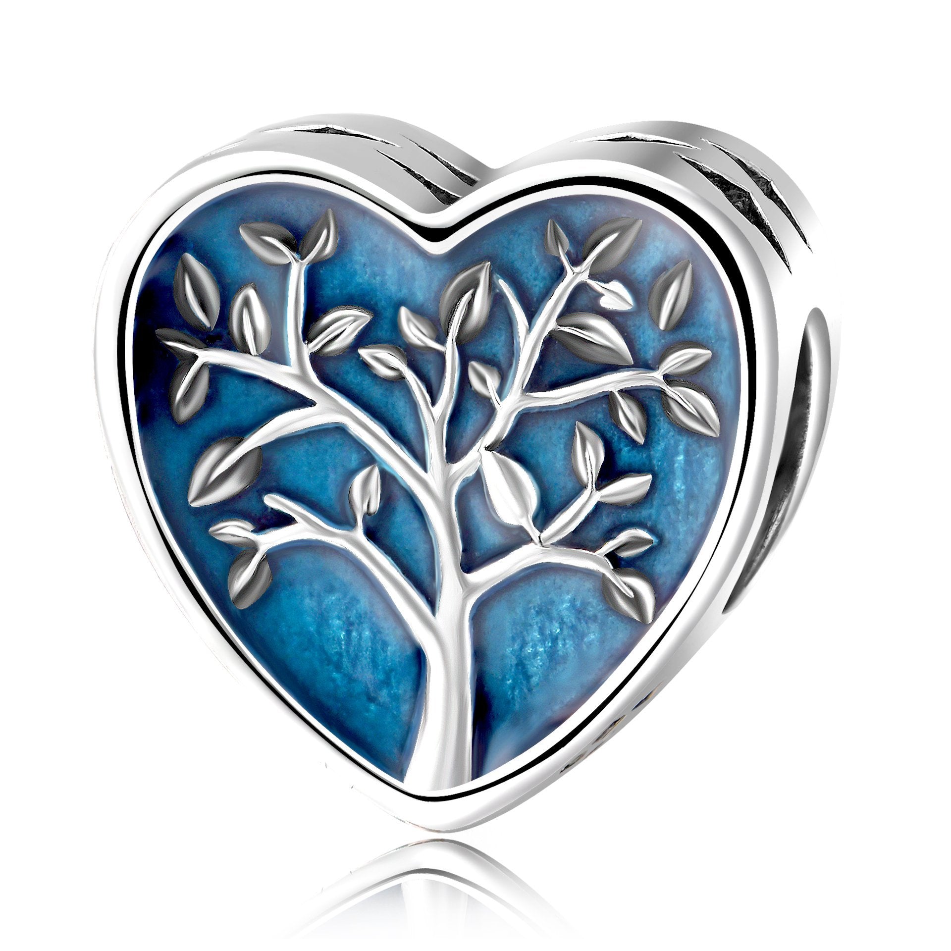 Sterling Silver Life Tree Blue Heart Charm for Bracelet and Necklace