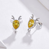 925 Sterling Silver Elk Deer Stud Earrings with Yellow Cubic Zircons for Women