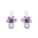 925 Sterling Silver  Dazzling CZ  Blooming Ear Clip Earrings Colorful Holding Flower Drop Earrings