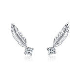 925 Sterling Silver Feather Stud Earrings with Bling Cubic Zircons Gift for Women