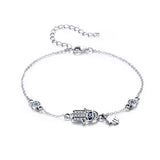 925 Sterling Silver Hamsa Hand Of Fatima Evil Eye Bracelet Blue Cubic Zirconia Chain Adjustable Bracelet